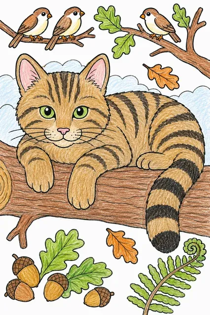 Wildkatze mit Tabby-Streifen ruht auf einem dicken Baumstamm, ihr buschiger Ringschwanz hängt herab