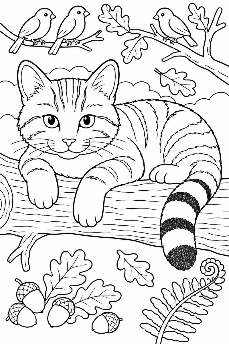 Wildkatze mit Tabby-Streifen ruht auf einem dicken Baumstamm, ihr buschiger Ringschwanz hängt herab