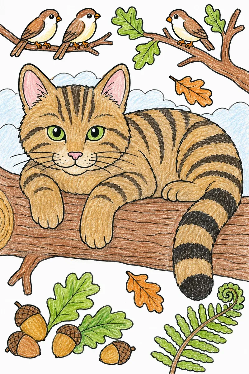 Die Wildkatze am Baumstamm