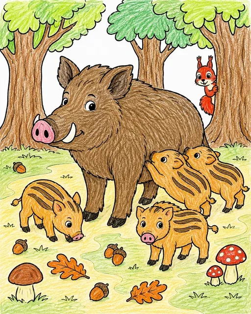 Wildschwein-Mutter mit vier gestreiften Frischlingen in einer Waldlichtung mit Eichen und Pilzen