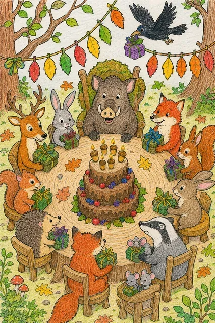 俯视涂色页：森林动物围坐树桩桌旁，庆祝生日
