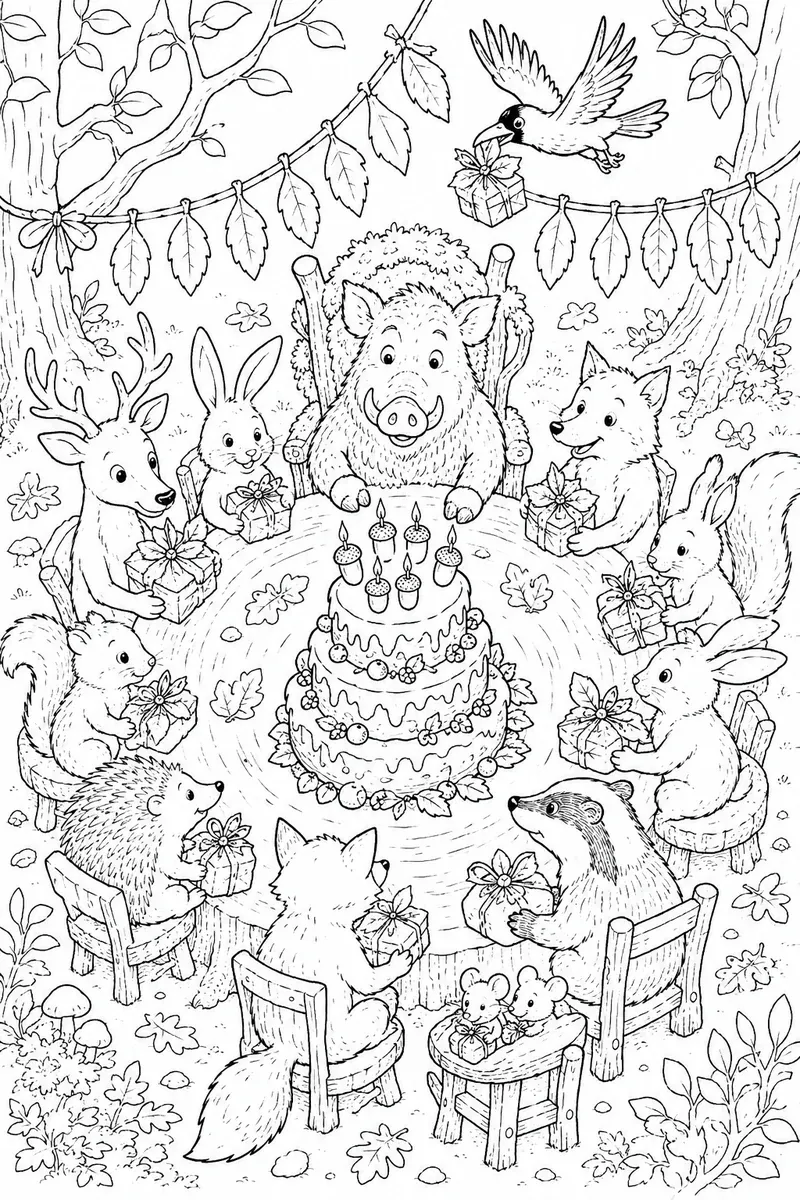 俯视涂色页：森林动物围坐树桩桌旁，庆祝生日