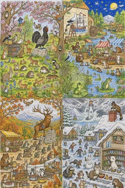 Ultimatives Wimmelbild-Ausmalbild: Vier Jahreszeiten nahtlos in einer Landschaft mit allen S01-Tieren versteckt