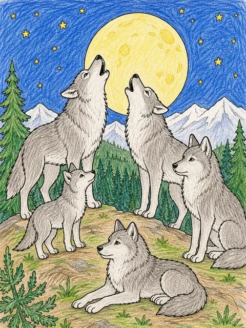 Ausmalbild: Wolfsrudel heult auf Bergrücken im Mondlicht