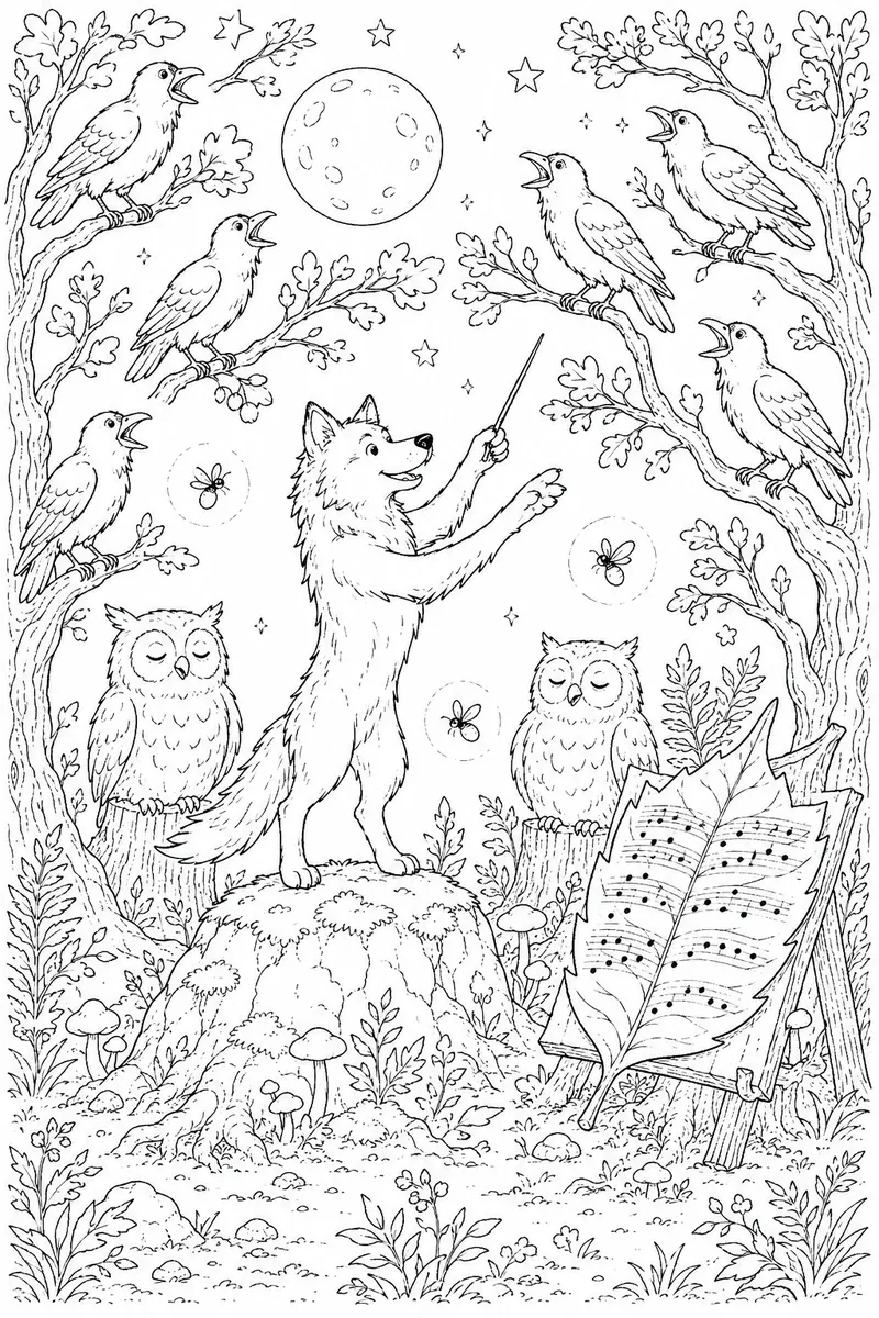 Ausmalbild eines Wolfs, der in einer Mondlicht-Waldlichtung einen Rabenchor dirigiert