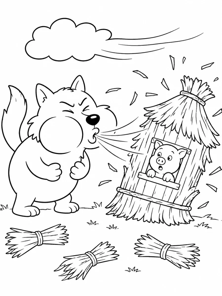 大灰狼鼓腮吹倒草屋的涂色画