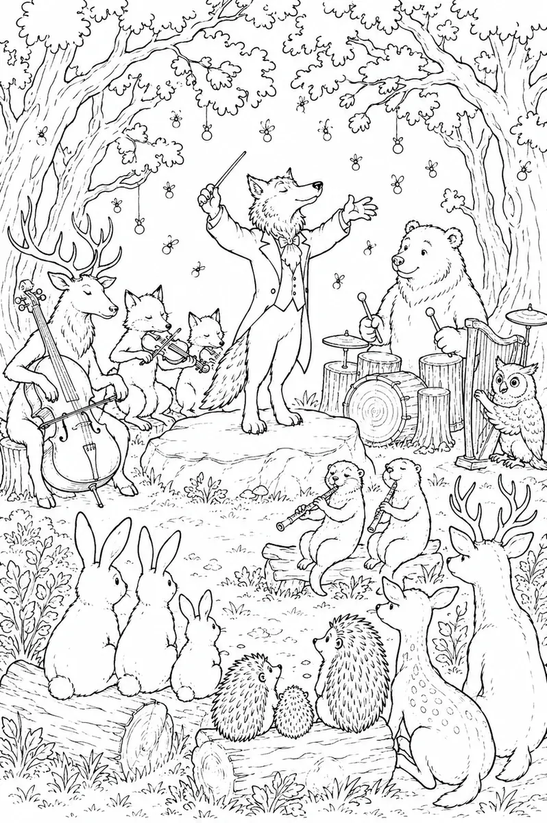 Ausmalbild: Wolf dirigiert Ensemble aus Waldtieren auf natürlicher Freilichtbühne bei Sommerdämmerung
