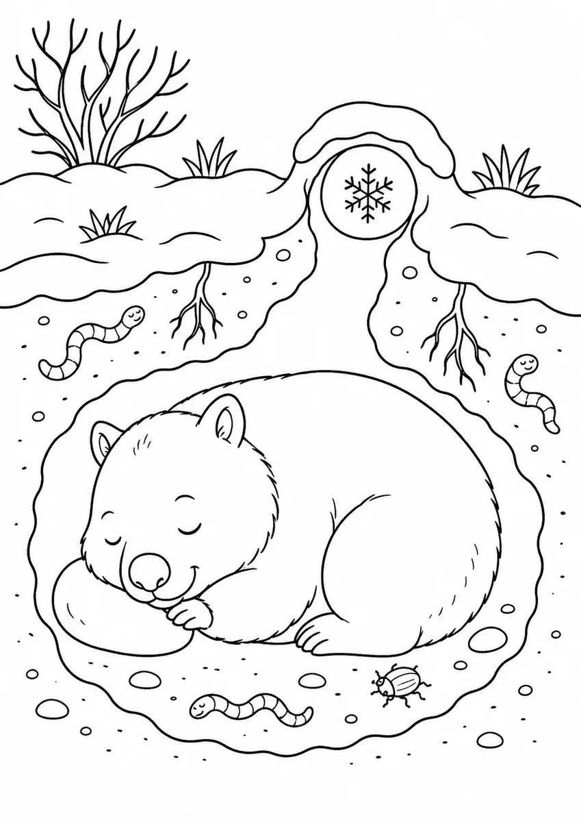 剖面图：袋熊在雪下地下洞穴中熟睡