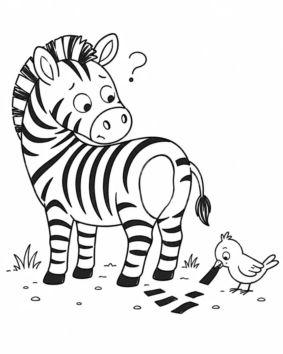 Ausmalbild eines Zebras das verblüfft auf seine Flanke schaut wo ein Streifen fehlt