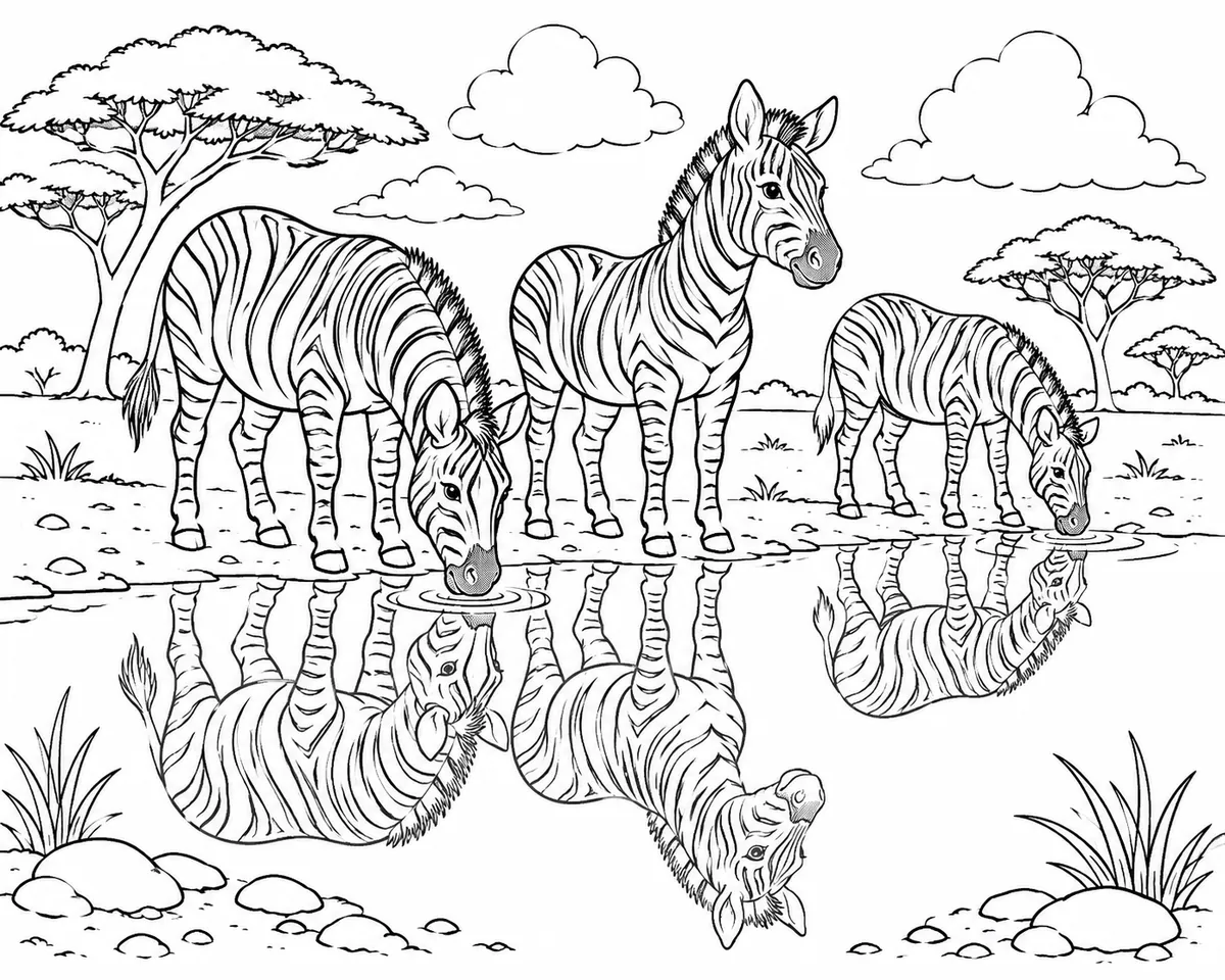 Ausmalbild: Drei Zebras mit Spiegelung im stillen Wasserloch