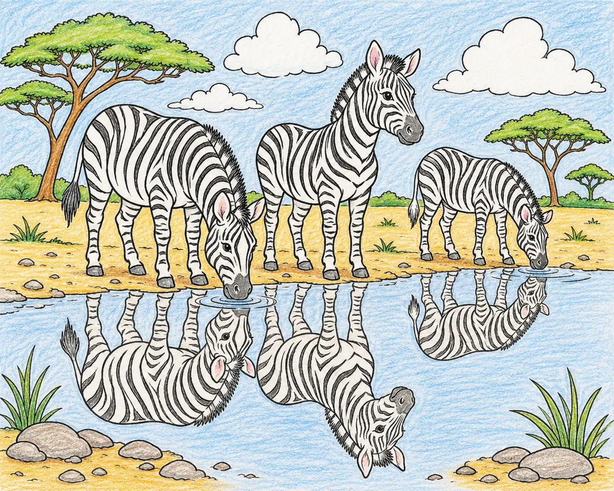 Zebras am spiegelnden Wasserloch