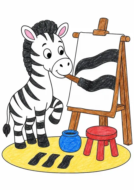 Zebra painting broad stripes on a cloth at an easel