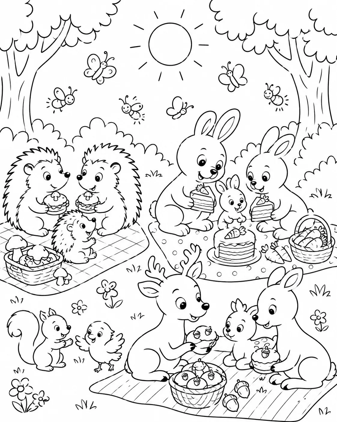 Tierfamilien picknicken gemeinsam auf sonniger Waldlichtung und teilen ihr Essen miteinander
