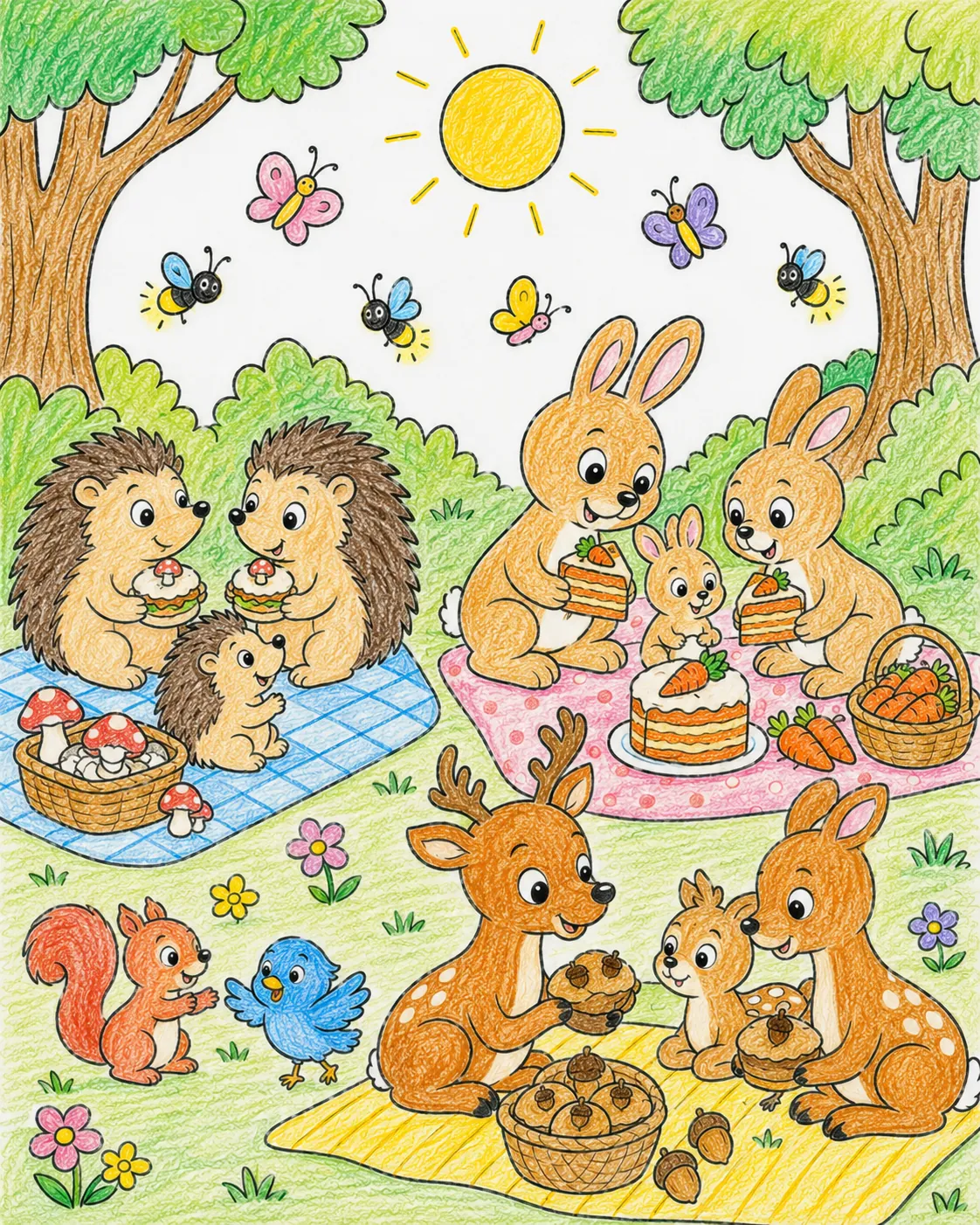 Verschiedene Tierfamilien feiern gemeinsam ein Picknick auf einer Waldlichtung