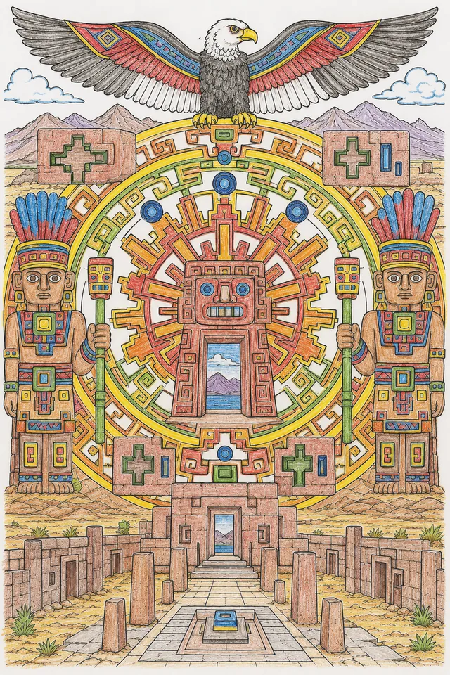Tiwanaku: staff god angular / condor runner step-fret / step-key sun / H-block / chevron border