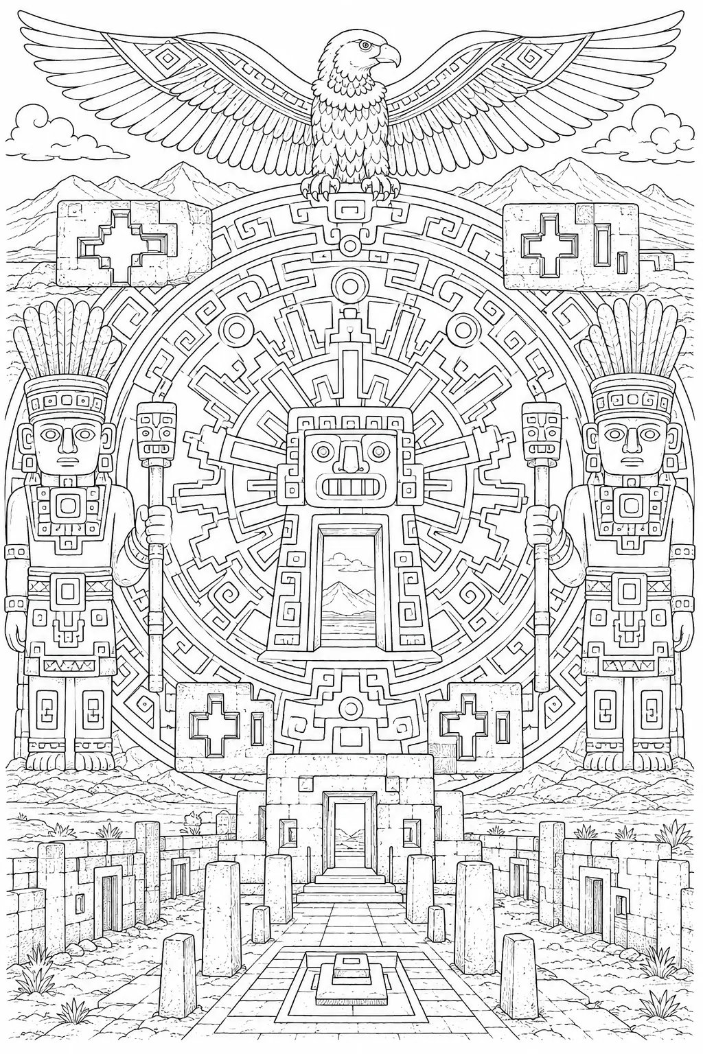 Tiwanaku: staff god angular / condor runner step-fret / step-key sun / H-block / chevron border