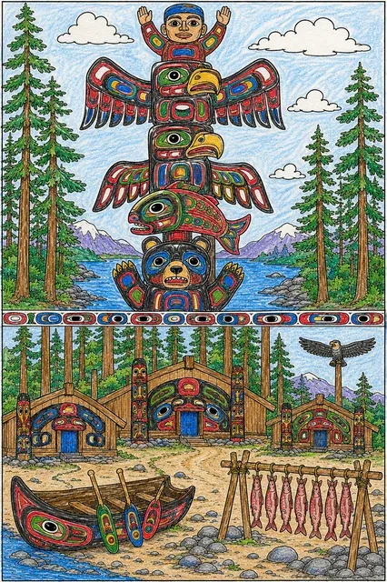 Diptychon mit Tlingit-Totempfahl oben und einem Dorf mit drei Plankenhäusern und Einbaum unten