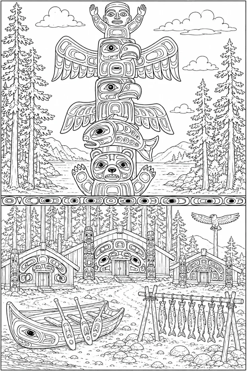 Diptychon mit Tlingit-Totempfahl oben und einem Dorf mit drei Plankenhäusern und Einbaum unten