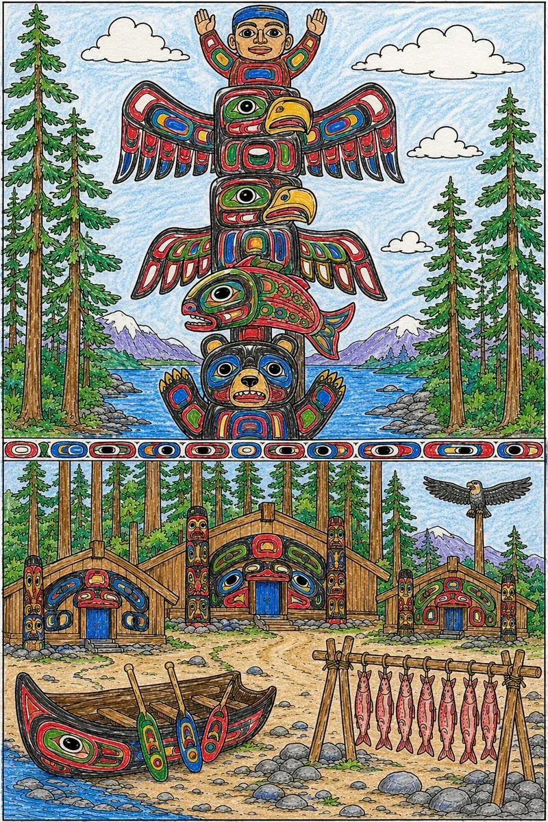 Der Tlingit-Totempfahl im Dorf