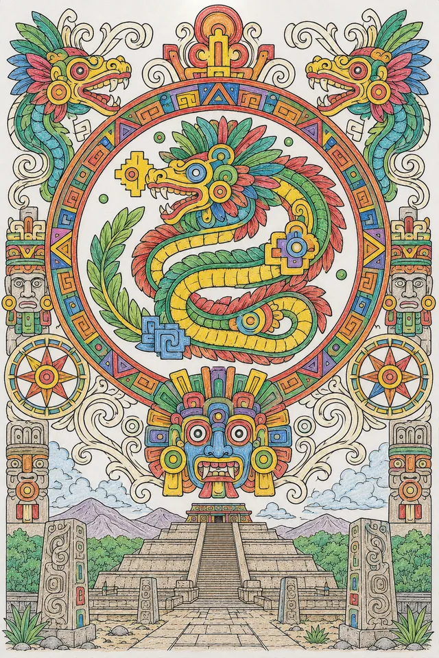 Toltec: Quetzalcóatl feathered / Tlaloc goggle-eye / step-fret pyramid / obsidian Venus border