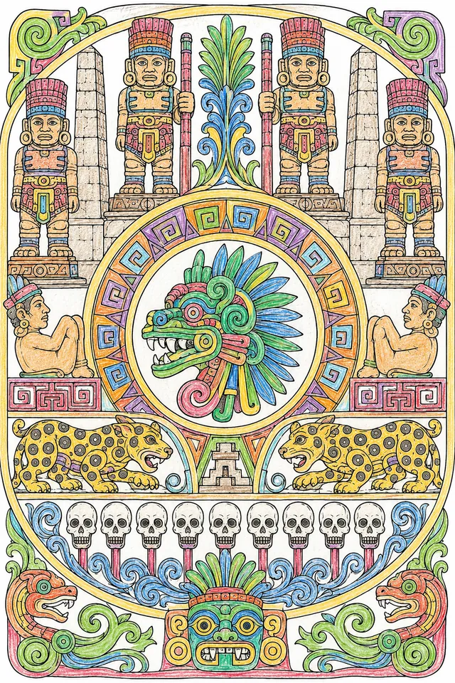 Toltec Tula: Atlantean butterfly pectoral atlatl / Chacmool reclining offering / jaguar eagle heart / Quetzalcoatl serpent / Tzompantli skull Venus
