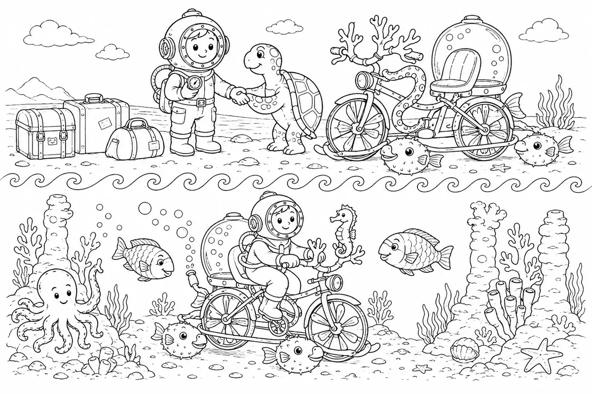 Diptychon eines Unterwasser-Fahrrads, oben am Strand mit Schildkröte, unten am Meeresboden