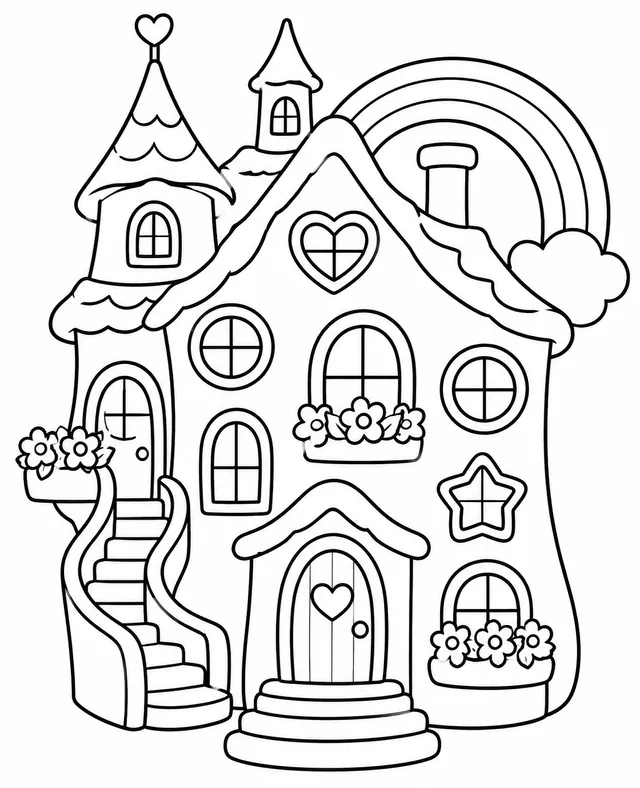 Traumhaus mit bunten Fenstern und Türmchen