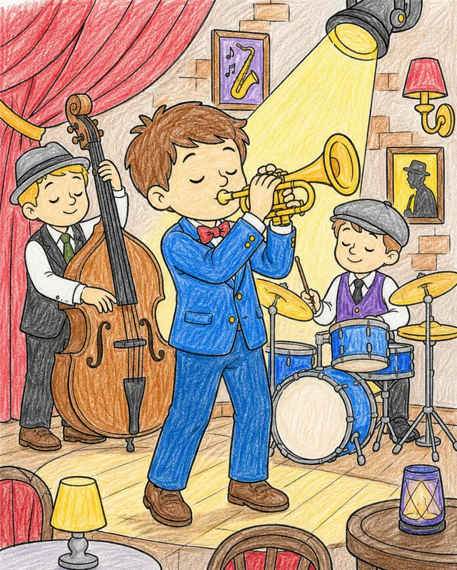 Ausmalbild: Trompeter spielt in Jazzband auf gedimmter Bühne mit Kontrabass und Schlagzeug