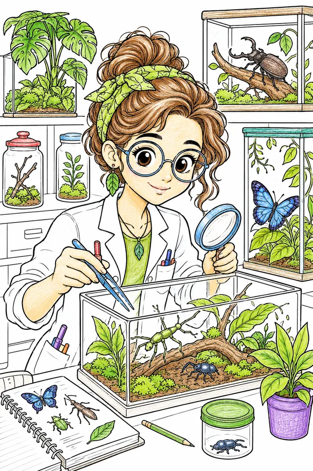 Ausmalvorlage: Tropenbiologin mit Lupe und Pinzette untersucht Insekten in Terrarien