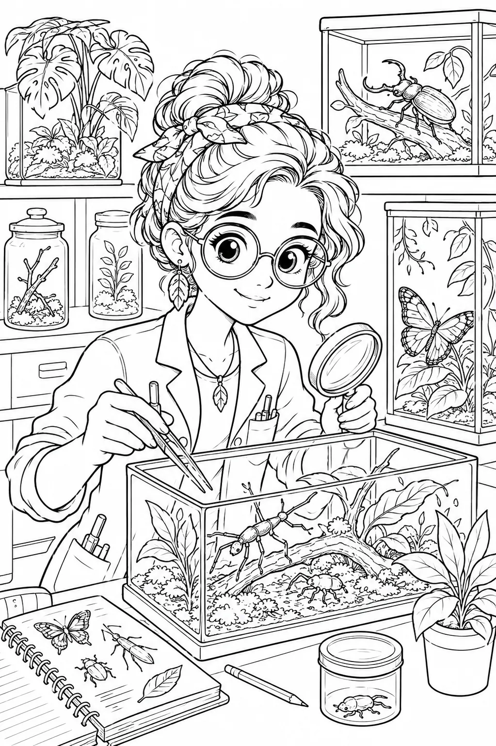 涂色模板：热带生物学家用放大镜和镊子检查玻璃箱中的昆虫