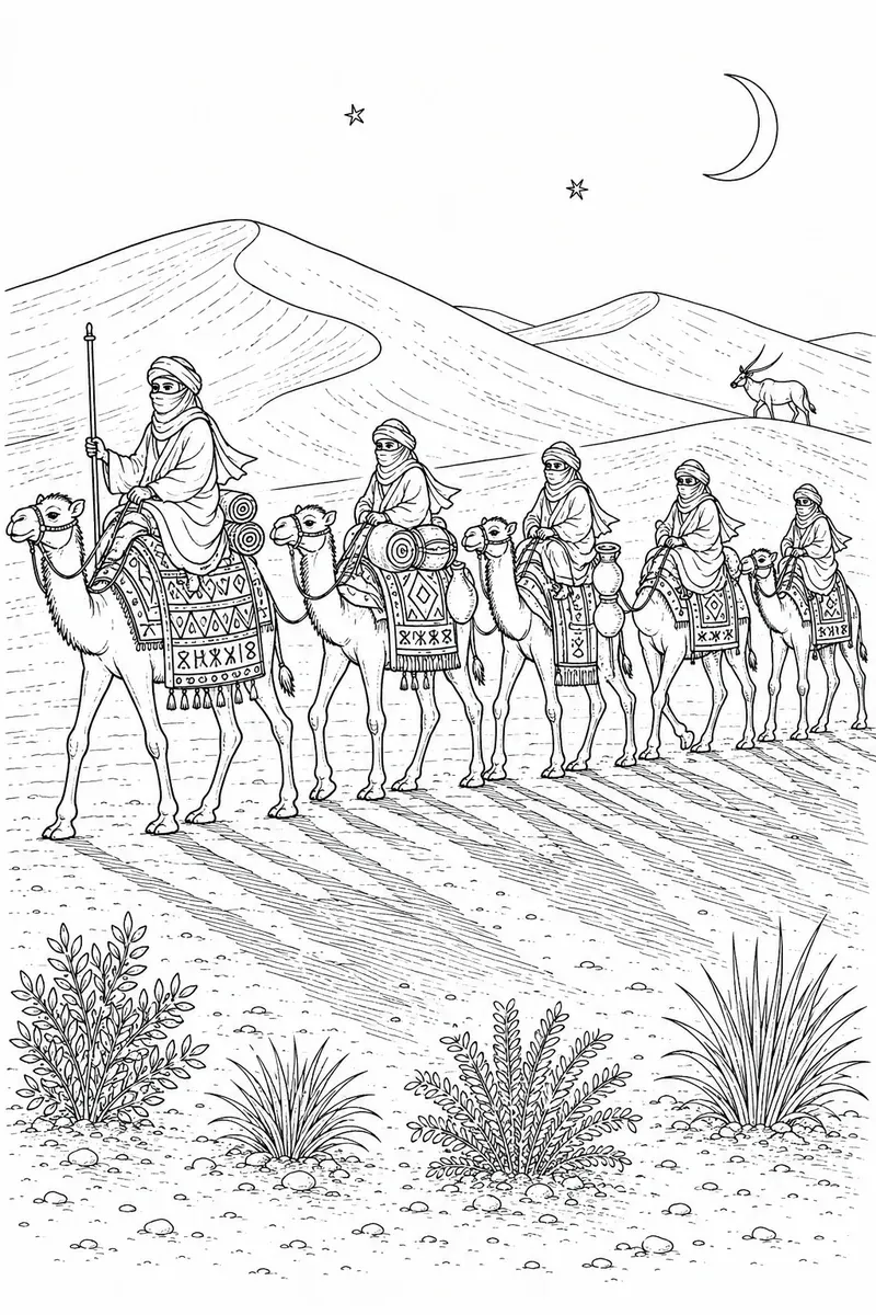 Tuareg-Karawane aus fünf Kamelen mit indigoblauen Reitern zieht durch Sahara-Dünen im Abendlicht