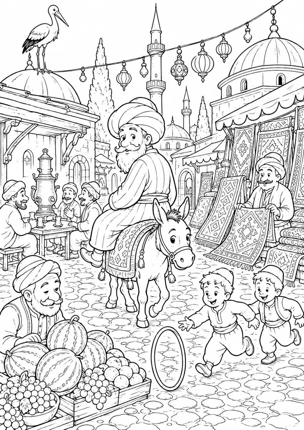 Nasreddin Hodscha reitet rückwärts auf einem Esel durch einen orientalischen Basar