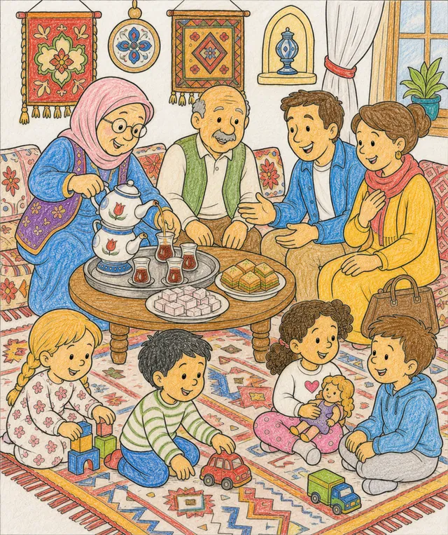 Türkische Familie schenkt Tee aus Samowar an neue Nachbarsfamilie in wärmendem Wohnzimmer mit Kilim-Teppichen