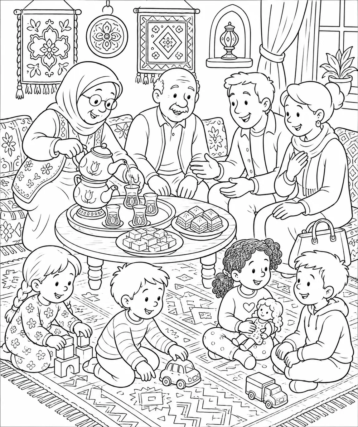 Türkische Familie schenkt Tee aus Samowar an neue Nachbarsfamilie in wärmendem Wohnzimmer mit Kilim-Teppichen