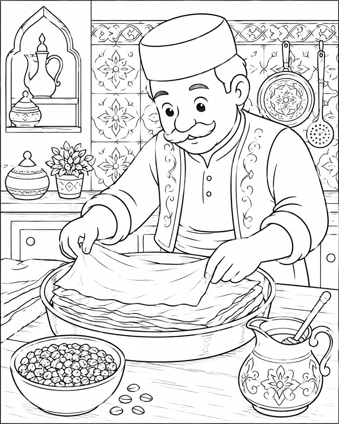 Ausmalseite: Türkischer Koch in traditioneller Kleidung schichtet Filoteig in Backform für Baklava
