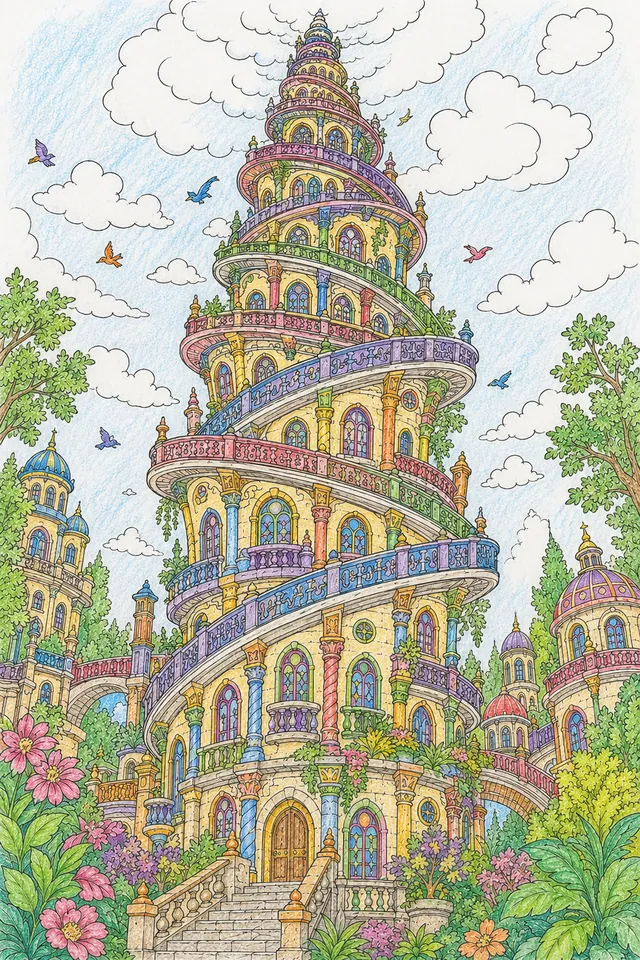 Ausmalseite eines unmöglichen Spiralturms der endlos in den Himmel ragt mit verzierten Balkonen
