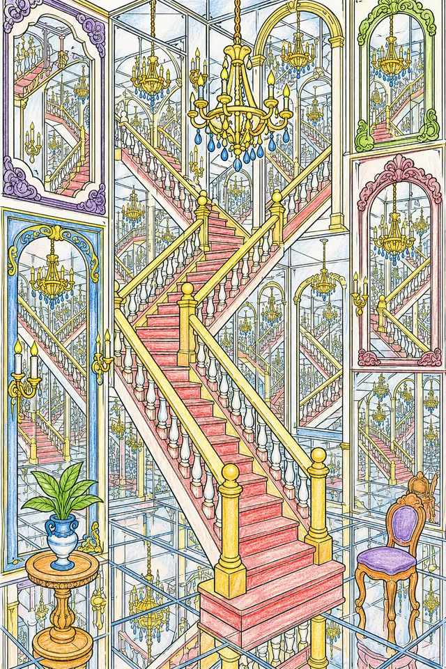 Ausmalseite einer unmöglichen Spiegeltreppe mit unendlichen Spiegelreflexionen