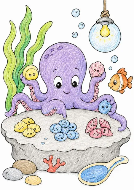 章鱼在珊瑚桌上整理贝壳扣子