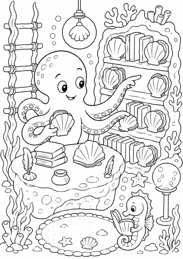 Krake ordnet Muschelbücher