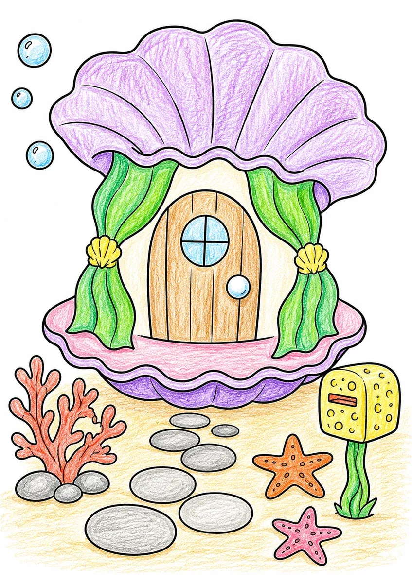 Muschelhaus mit Seetangvorhang