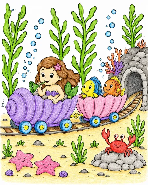 美人鱼驾驶贝壳火车穿过海带林