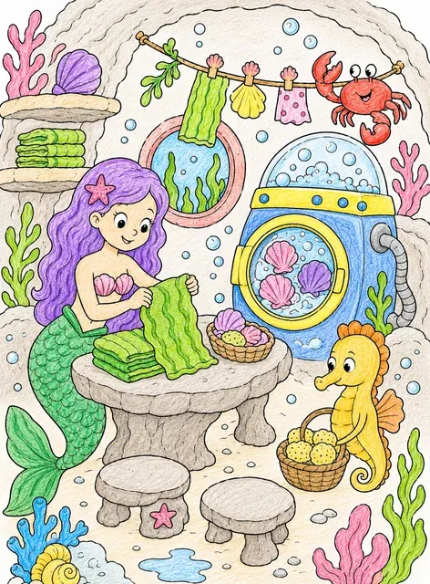 美人鱼在礁石洗衣房折海带毛巾