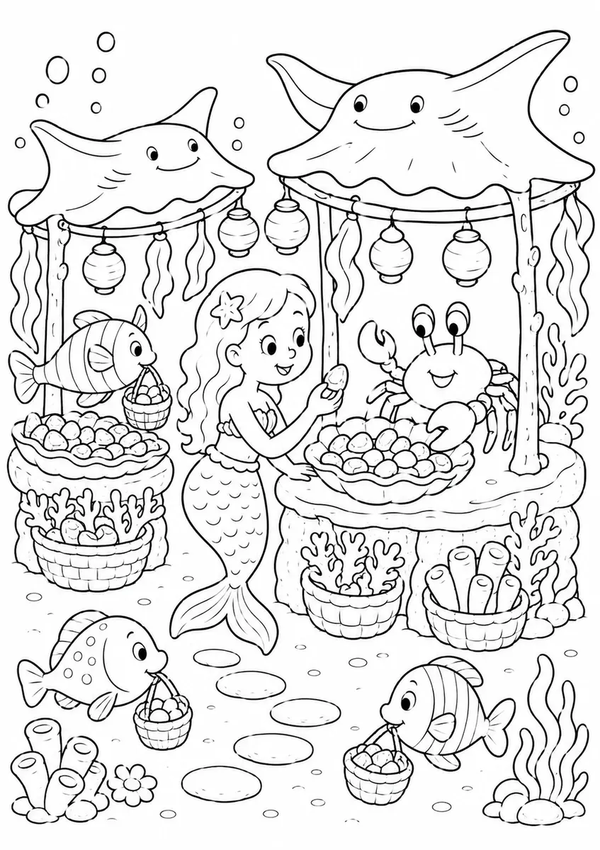 Underwater market with rays as roofs and sea glass stalls