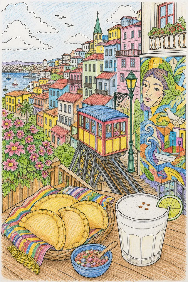 Valparaíso cozy: hillside corrugated colourful houses / Ascensor wooden cabin steep / murals vivid wall / Empanada golden half moon / Pisco Sour foam