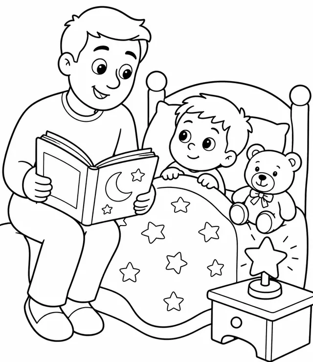 Vater liest seinem Kind eine Gutenacht-Geschichte vor dem Schlafen vor