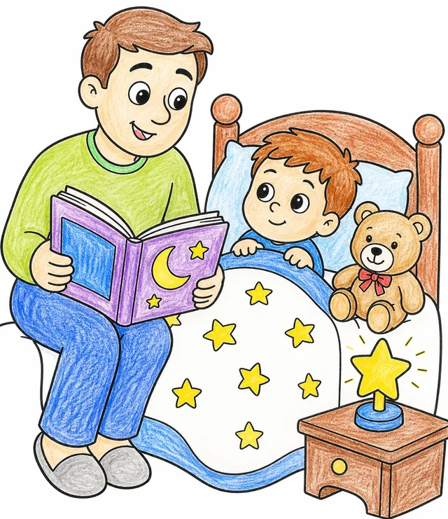 Vater sitzt am Kinderbett und liest lächelnd aus einem Bilderbuch vor, Kind hört zu