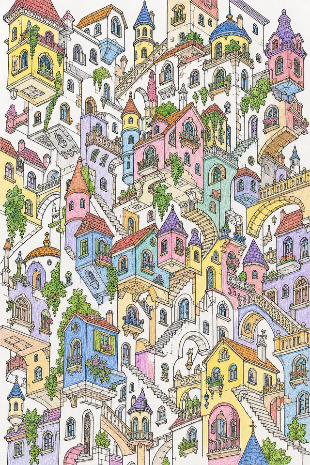 Ausmalseite einer surrealen Stadtlandschaft mit Häusern die aus anderen Häusern herauswachsen