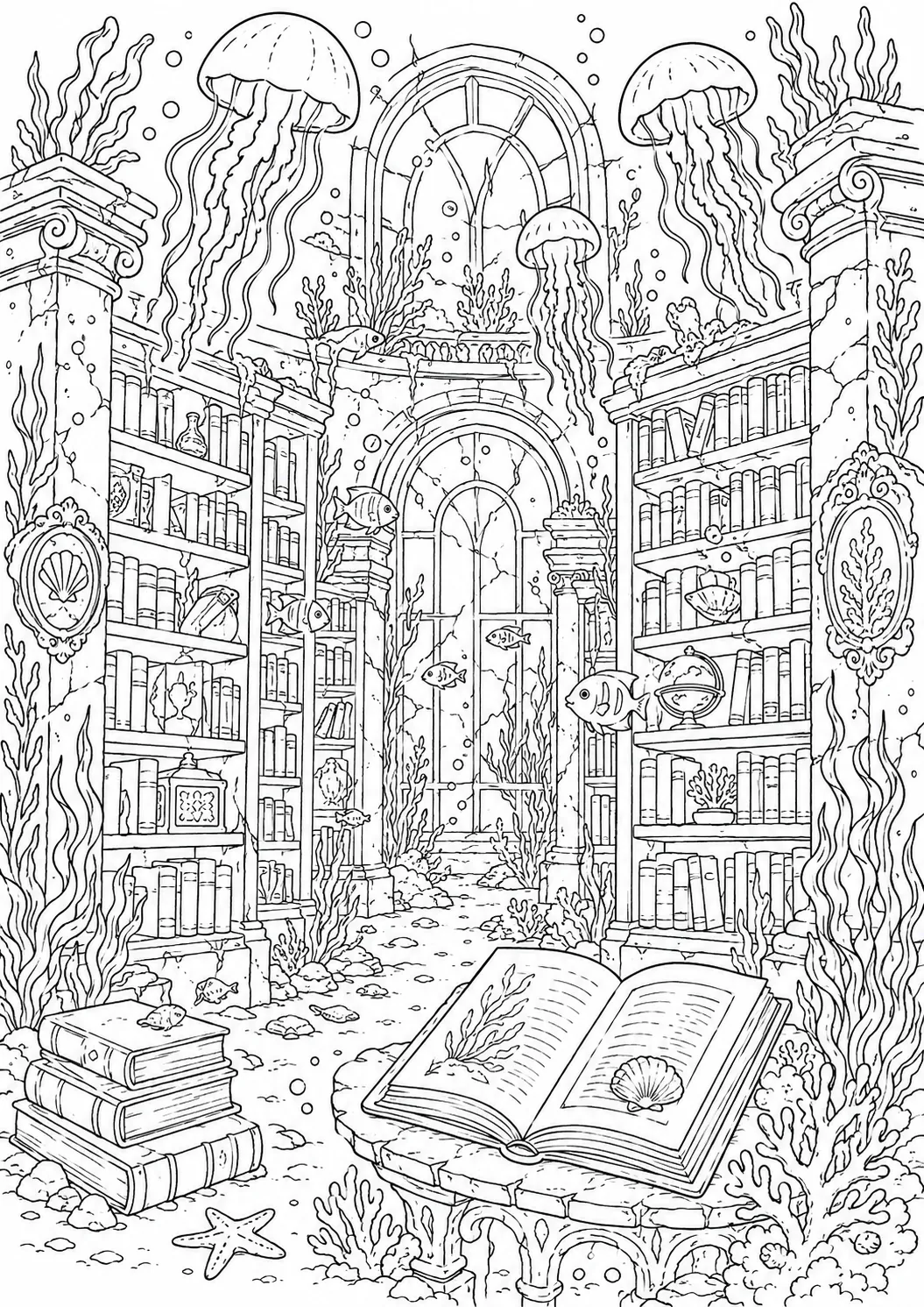 Versunkene Bibliothek auf dem Meeresgrund mit Fischen zwischen den Bücherregalen