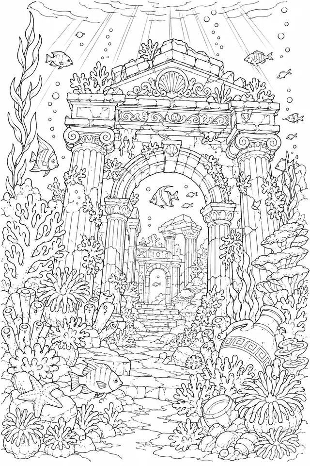 Versunkener Tempel mit Korallenriff