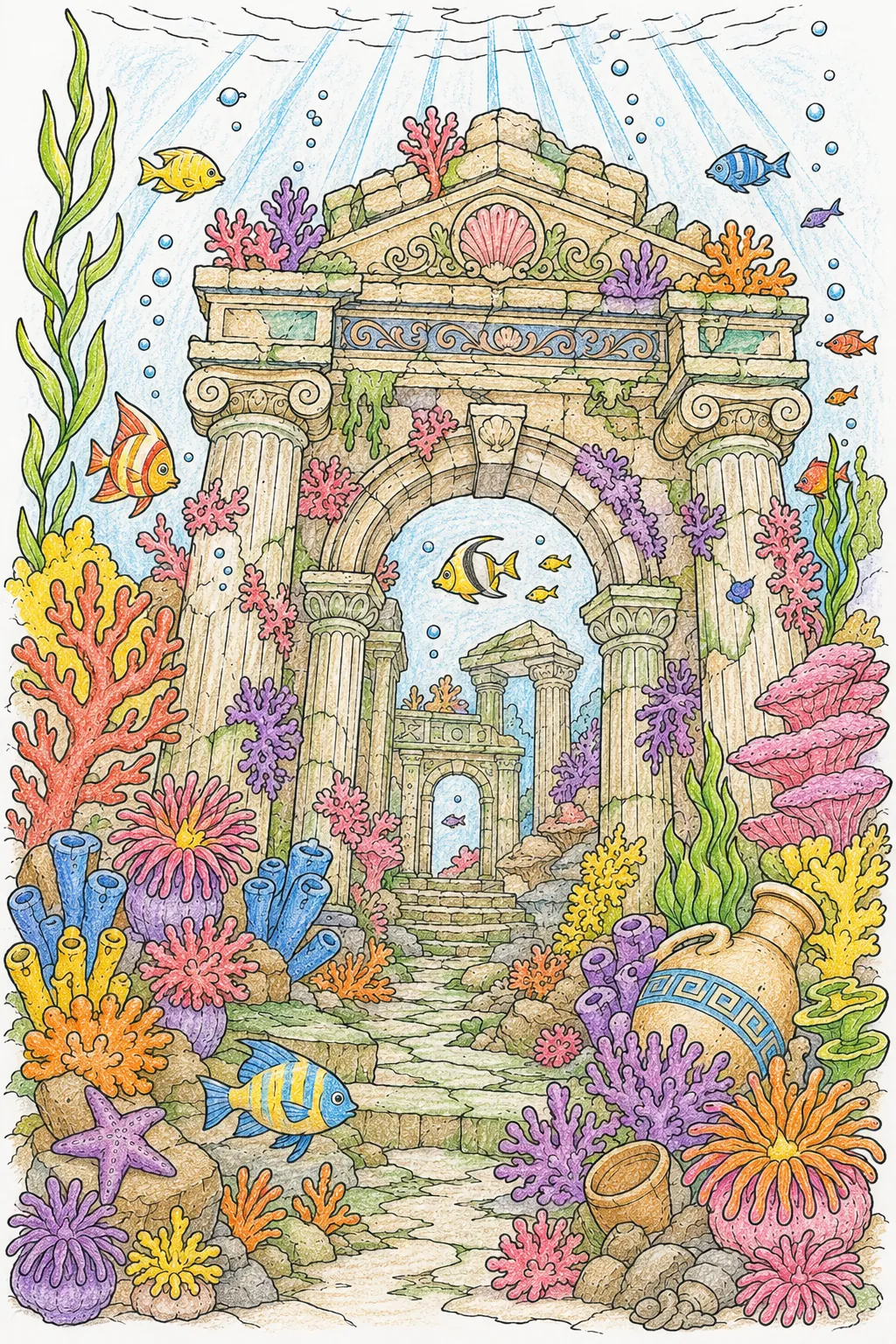 Versunkener Tempel mit Korallenriff